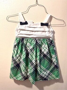 Janie & Jack Girls Size 3 Plaid Dress Green Navy White Bow Detail EUC